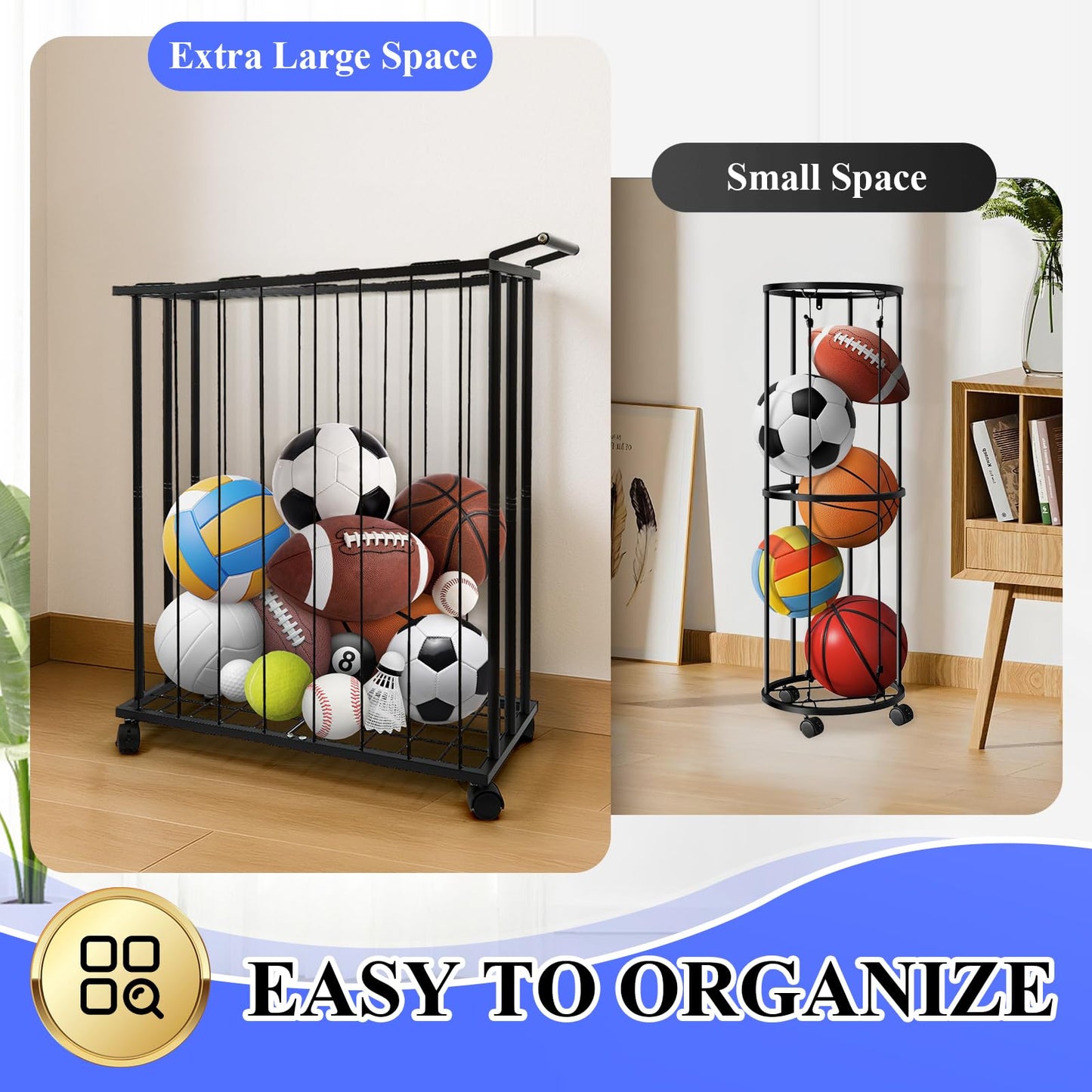 URMMIY Large Garage Ball Storage Rack with Wheels–Rolling Sports Equipment Organizer Freestanding Ball Holder for Basketball Soccer Volleyball Football–Sports Ball Storage for Garage Gym School Home