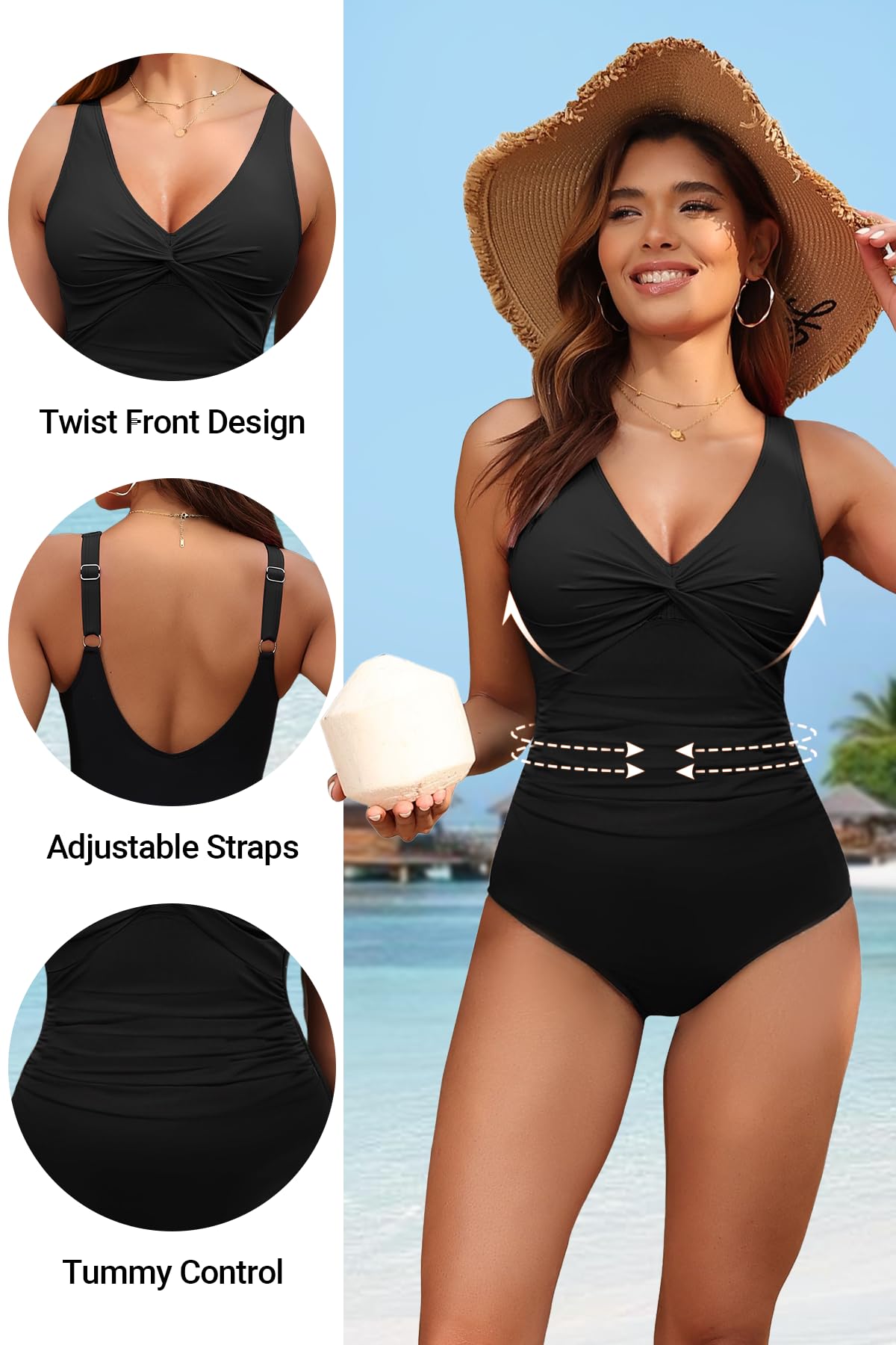 Holipick Black Women Tummy Control One Piece Swimsuit - Push Up Bathing Suit Full Coverage Slimming Swimwear XXL