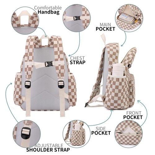 Tanweibago Corduroy Kids Backpack for Boys Girls Backpacks for Primary Elementary Kindergarten 6-10 (Checkered Brown, Medium (15" H Fit A4 Folder))