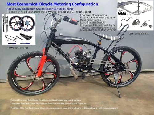 Fuel Tank Bike Frame Kit Wheel Fork Kit with 26in 6 Mag Integrated Wheel, Banana Saddle, Tripple Tree Suspension Fork 3.4L Integrated Fuel Tank for 2/4 Stroke Bike Mini-Engine (Black Mid-Frame)