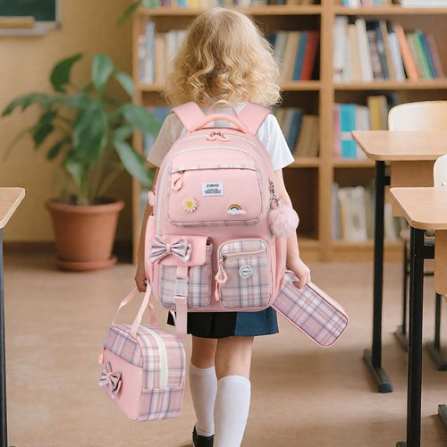 Kuosdaz School Backpack for Girls, 3PCS Teens Girls Backpacks with Lunch Bag Pencil Case, Cute Kids Bookbag for Kindergarten Elementary Preschool Middle School, Pink