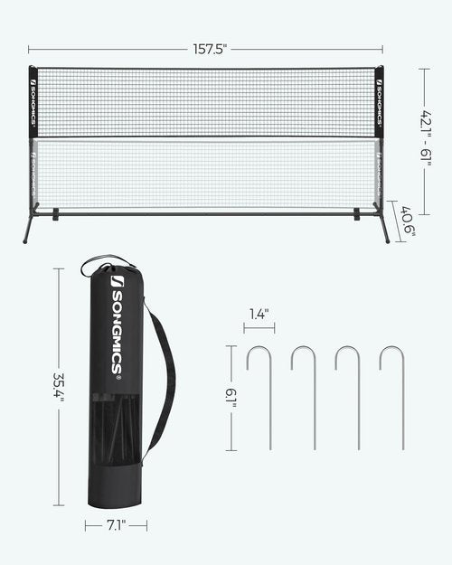 SONGMICS 13 ft Badminton Net, Height Adjustable Volleyball Net, Pickleball Net with Poles, Foldable Nylon Net for Tennis Indoor Outdoor Court, Black USYQ400H