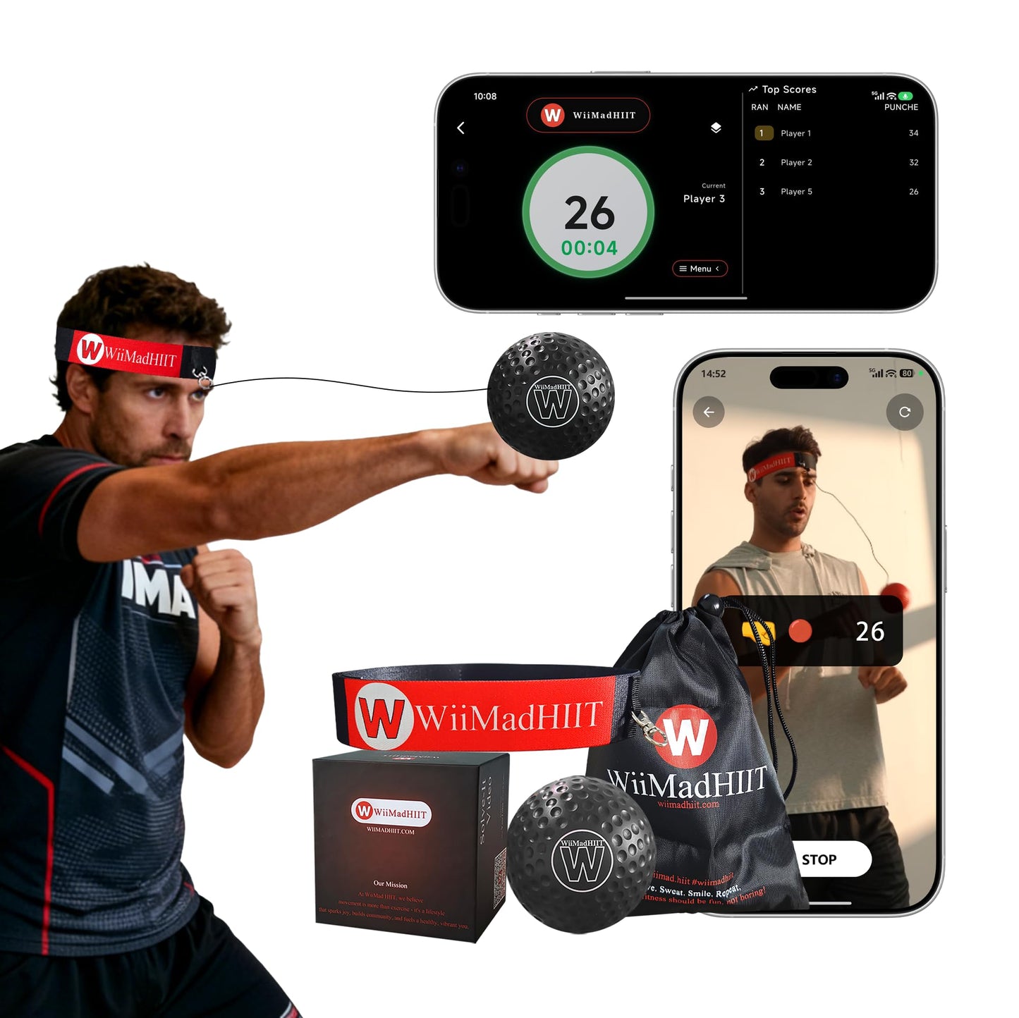 WiiMad Boxing Reflex Ball with Punch Counter App, Punching Ball with Headband, Workout Toy for Kids Teen Adults, Hand Eye Coordination Training | Boxing Equipment, Home Fun Punch Game