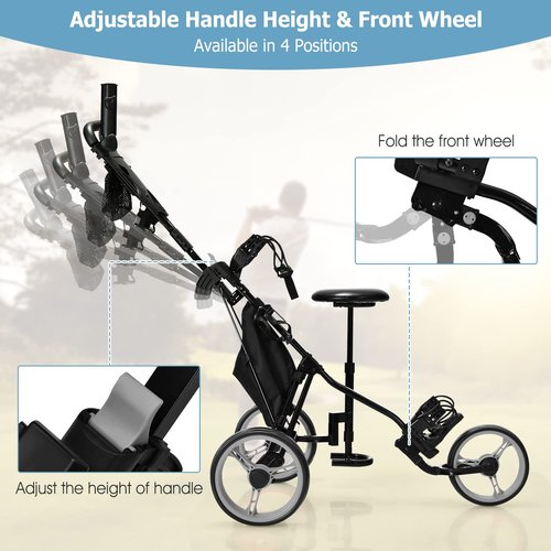 Tangkula Golf Push Pull Cart with Seat, Lightweight Foldable Collapsible 3 Wheels Push Cart, Golf Trolley with Foot Brake, Adjustable Umbrella Holder & Seat, 4 Height Position Handle