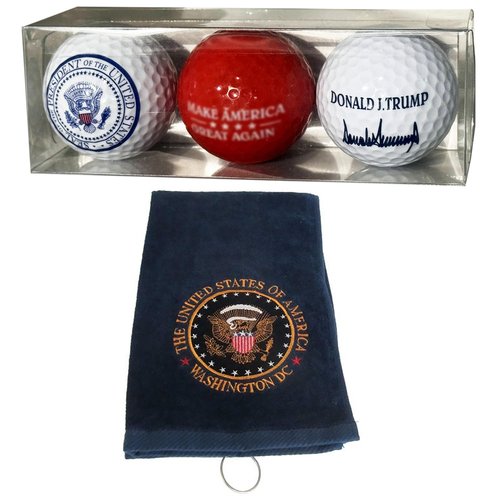 Donald Trump Commemorative Golf Ball Set and Presidential Golf Towel – Includes Signature, Red, Presidential Seal Balls, and Navy Blue Towel with Great Seal – Limited Edition Collectible