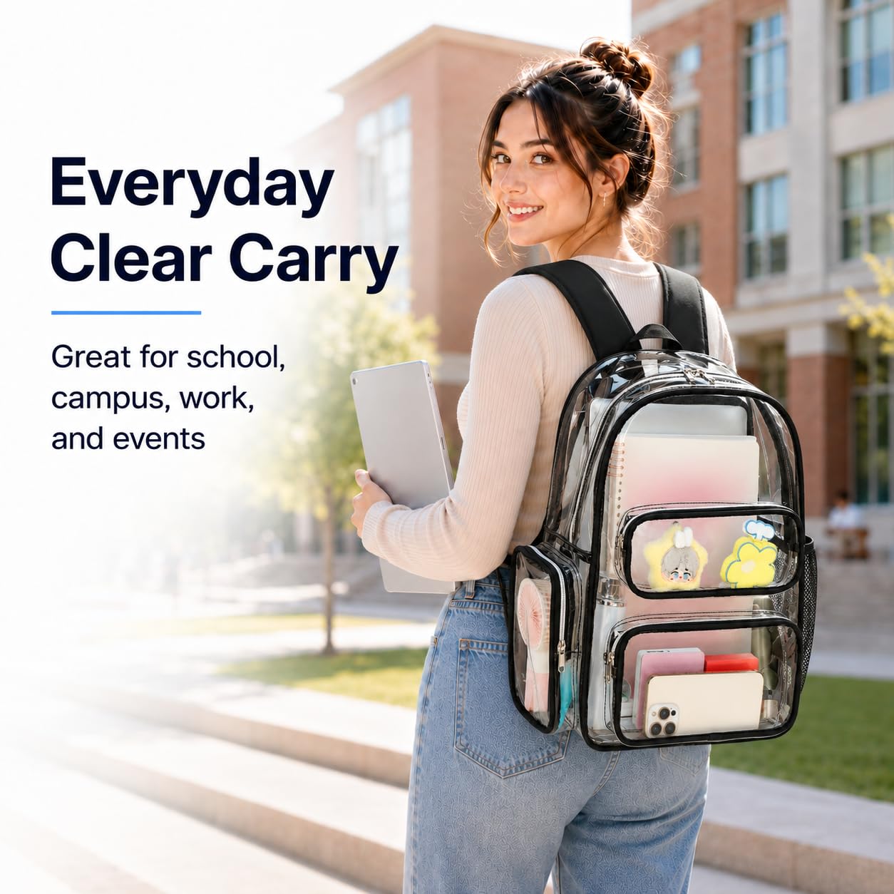 CAMTOP Clear Backpack Heavy Duty Transparent Bag for Stadium Events See Through BookBag for Student School Work Festival Sport Travel (Black)