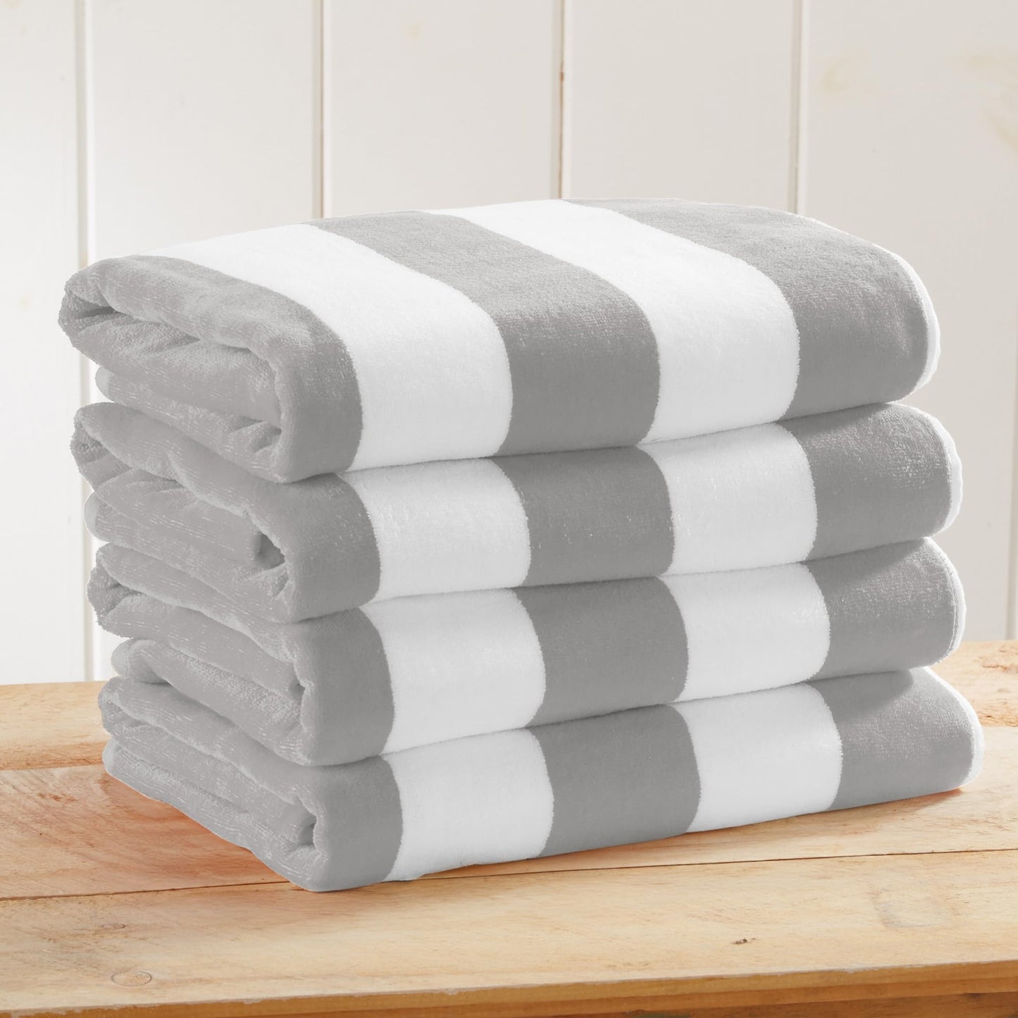 Great Bay Home 100% Cotton Velour 4 Pack Beach Towels 30" x 60" - Cabana Stripe Pool Towels - Quick Dry, Large Swim Towel (Light Grey)
