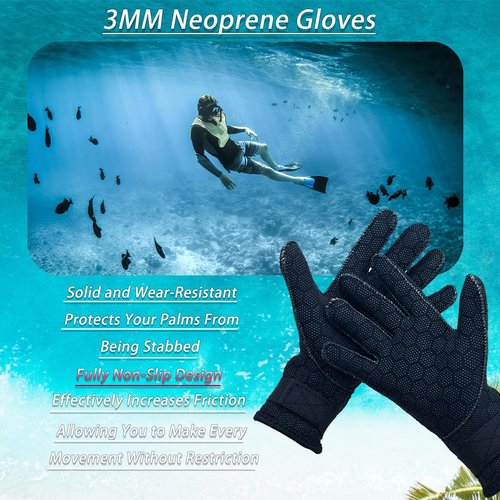 Skyone Neoprene Gloves Scuba Diving Gloves Men Women, Wetsuit Dive Gloves 3MM 5MM with Adjustable Wrist Strap, Thermal Flexible Fully Non-Slip Design Swim Glove for Snorkel Fishing (3MM Black, S)
