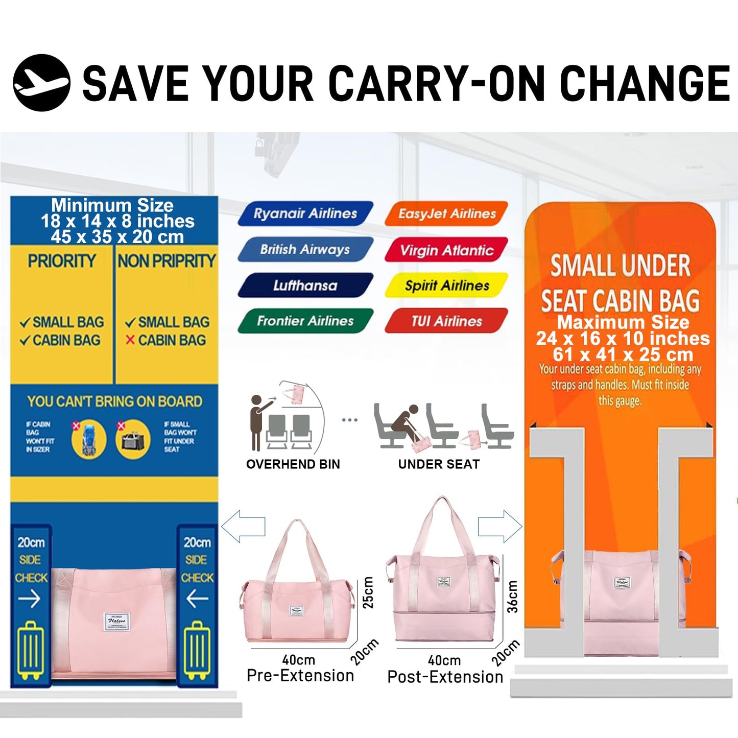 Travel Tote Bag, Spirit Airlines Personal Item Bag 18x14x8 Waterproof Expandable Duffel Gym Tote Bag, Carry On Overnight Bags for Women with Trolley Sleeve Wet Pocket,travel duffel bags,Pink