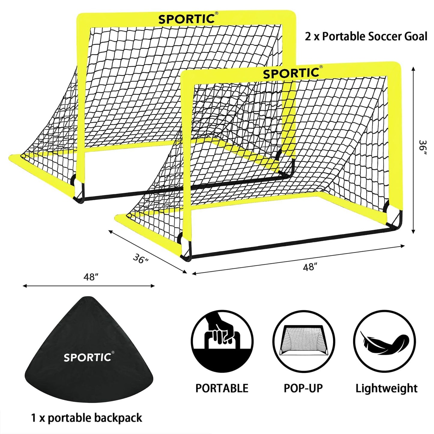 2 Pack 4' x 3' Soccer Goal Net Set, Pop Up Kids Practice Soccer Goals for Indoor and Outdoor.Portable Soccer Net with Carrying Bag & Ground Pegs, Perfect for Backyard, Field, Court (Yellow)