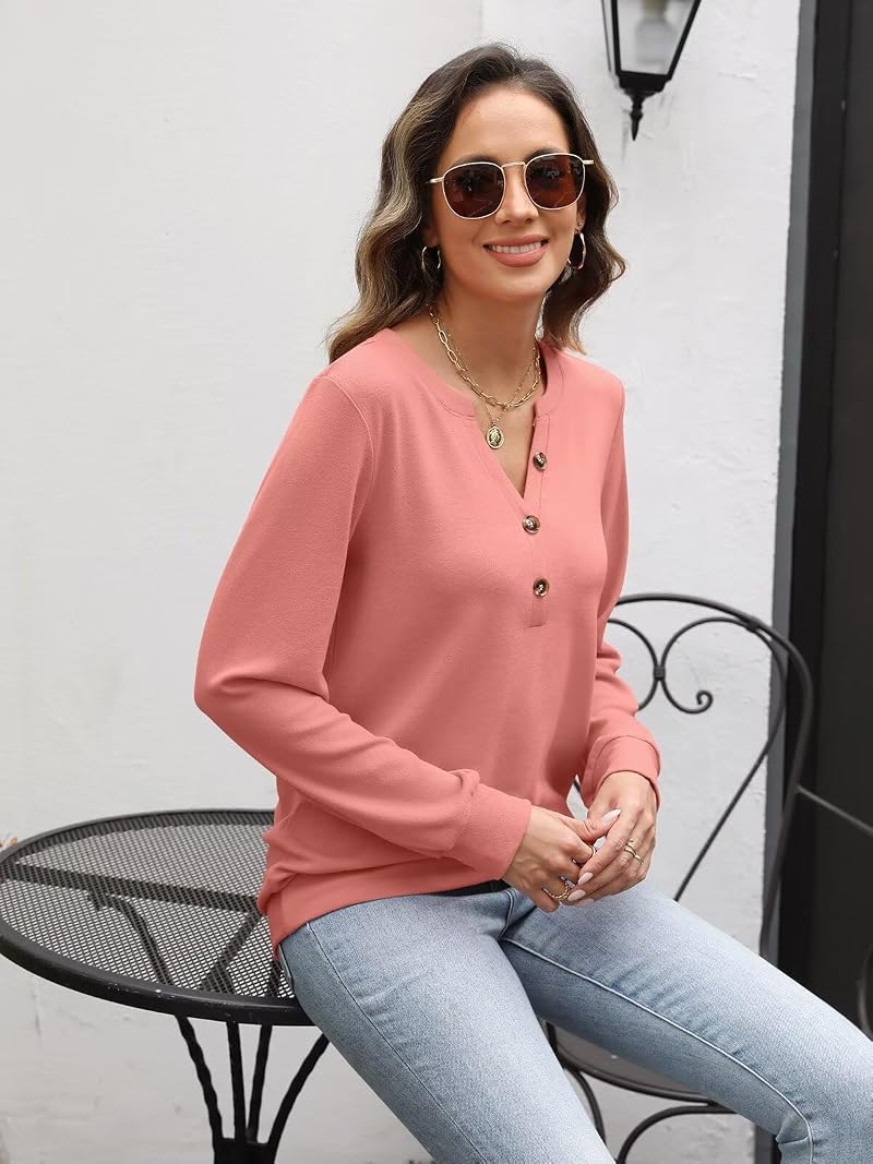 EADINVE Coral Large Henley Neck Sweatshirt for Women - Long Sleeve V-Neck Casual Fall Top