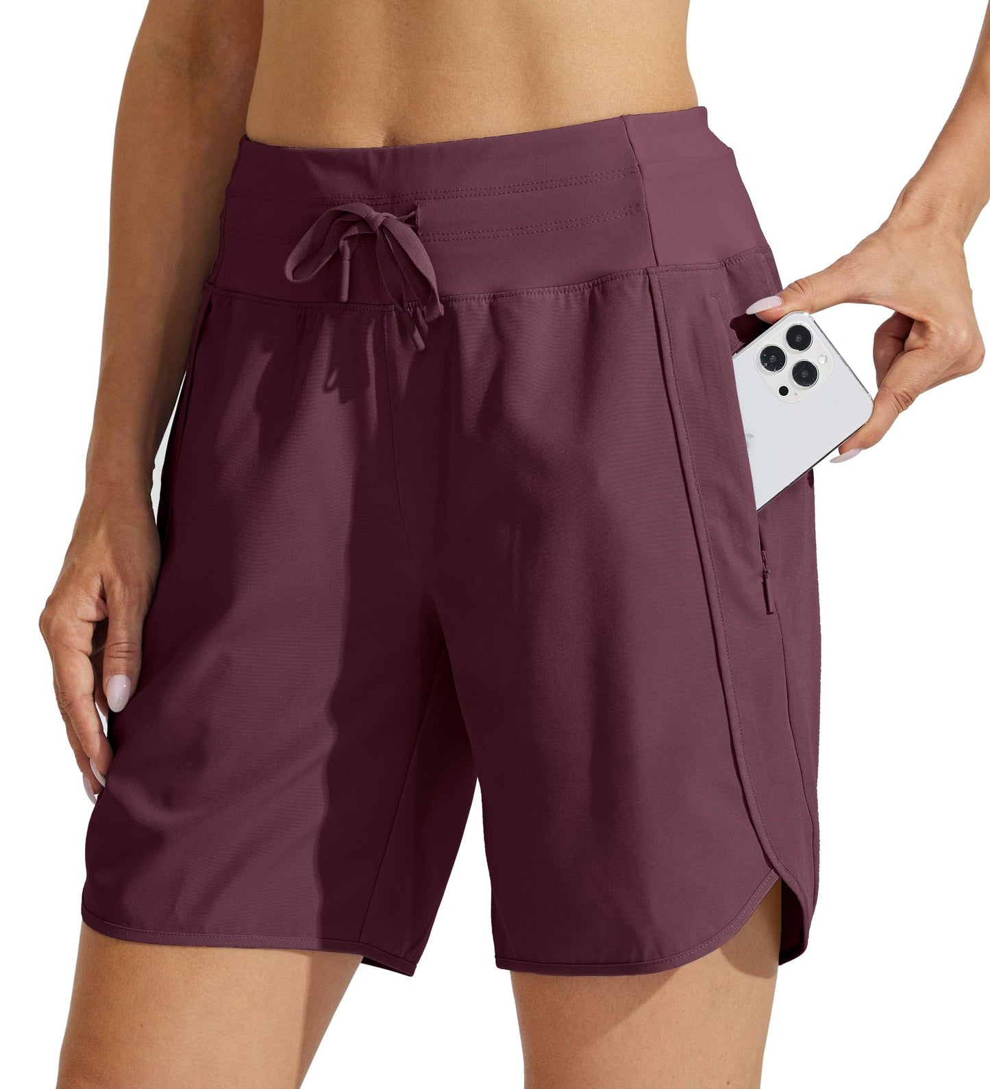 Willit Women's 7" Athletic Running Long Shorts Workout Hiking Shorts Quick Dry High Waisted Active Zipper Pocket Dark Red L