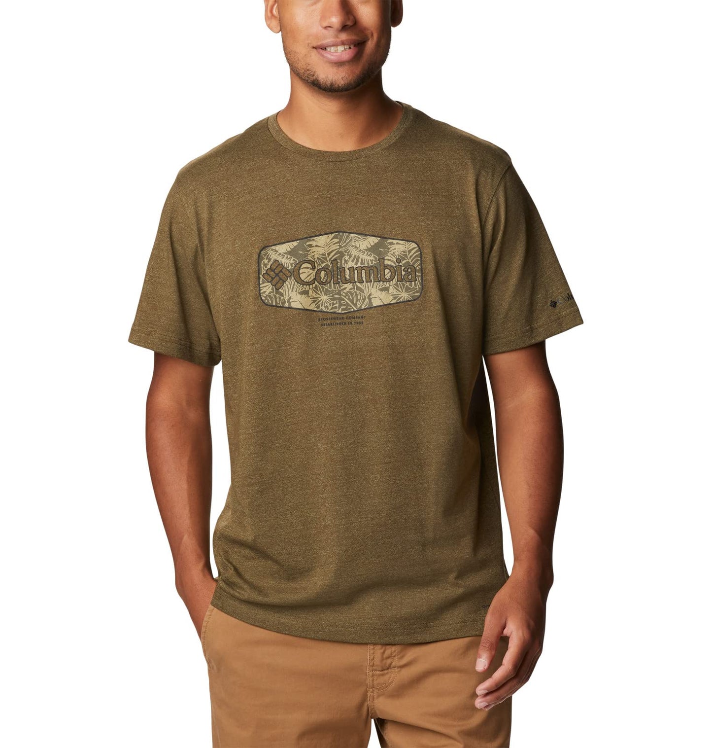 Columbia Men's Thistletown Hills Graphic Short Sleeve, Olive Green Heather/Wanderland Graphic, Medium