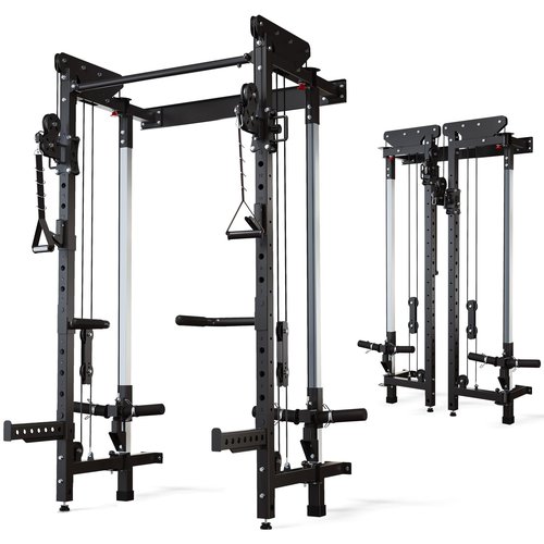Folding Squat Rack - Wall Mounted Power Rack Cage Home Gym with Cable Crossover Machine & LAT Pull Down - Functional Trainer with 5 Adjustable Function Modes - with Safety Arm and Dips Attachment