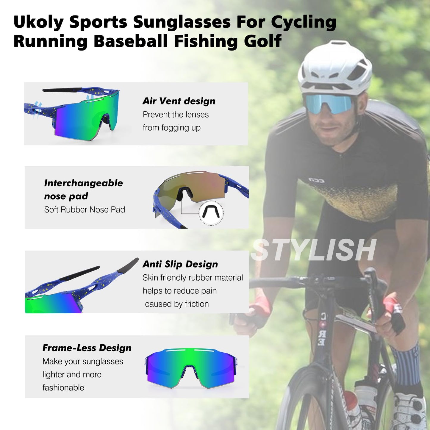 Ukoly Cycling Sunglasses with Interchangeable Nose Pad Men Women, Sports Sunglasses, Fishing Baseball Sun glasses