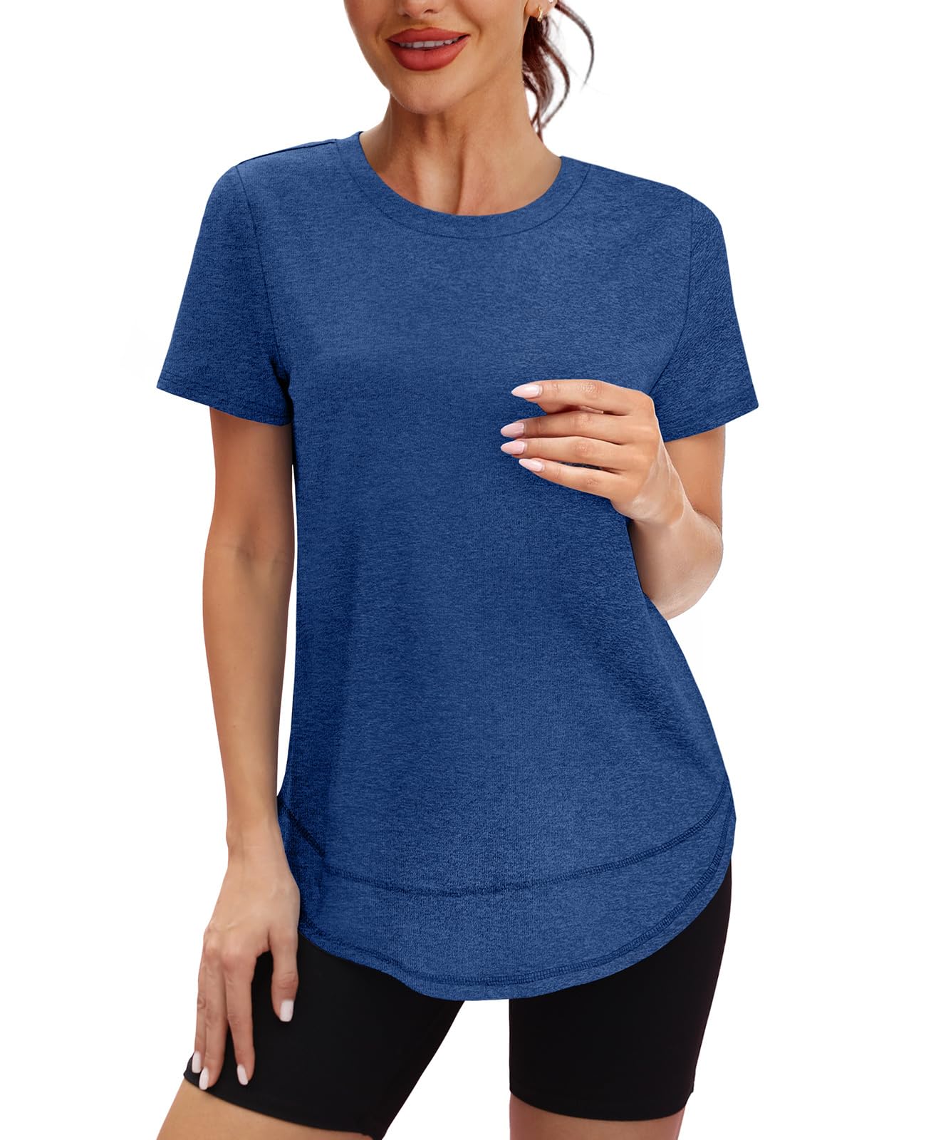 Spring Summer Tops for Women Short Sleeve Hiking Shirts Athleisure Golf Shirt Beach Fashion Curved Hem Loose Fit Navy 2XL