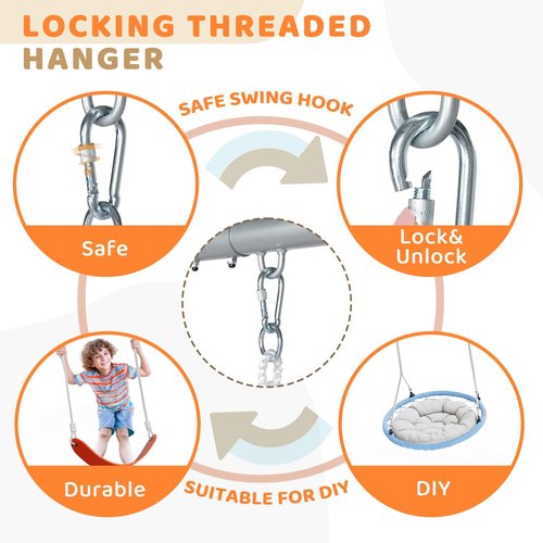VALUE BOX 3-Seats Swing Sets for Backyard with Basketball-Hoop, Kids Metal Swing Sets for Outdoor with 3 Height-Adjustable Seats, 6 Locking Threaded Hangers, Suitable for DIY (Orange&Blue)