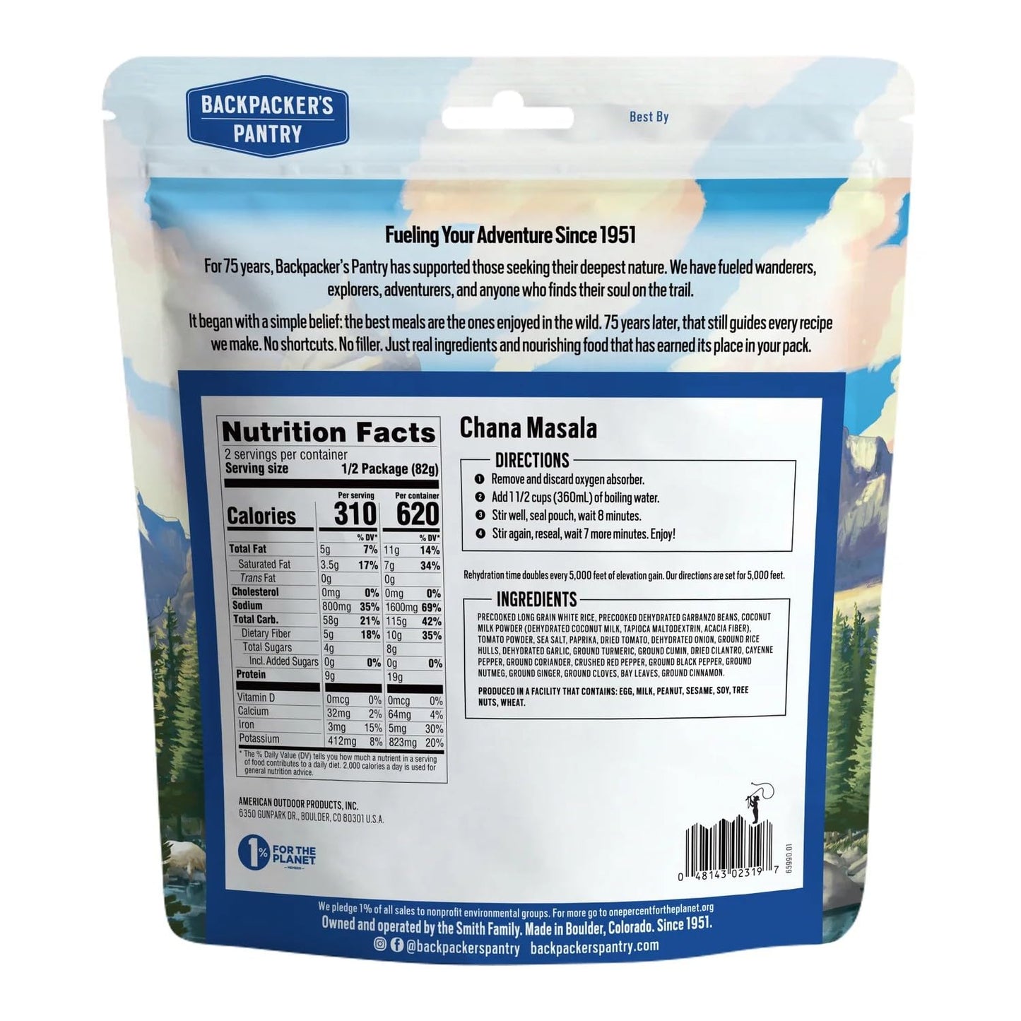 Backpacker's Pantry Chana Masala, 2 Servings Per Pouch(1 count), Freeze Dried Food, 14 Grams of Protein, Vegan, Gluten Free