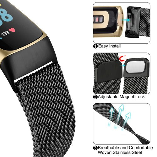 Meliya for Fitbit Charge 6 Bands Women Men, Stainless Steel Metal Mesh Loop Adjustable Magnetic Wristband Replacement Straps Compatible with Fitbit Charge 6 Fitness Tracker (Black)