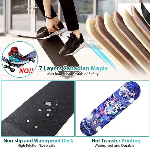 CLYCTIP Complete Skateboards- Standard for Beginners Kids Boys Girls Teenager- 31''x 8''Canadian Maple Cruiser Pro Skate Board