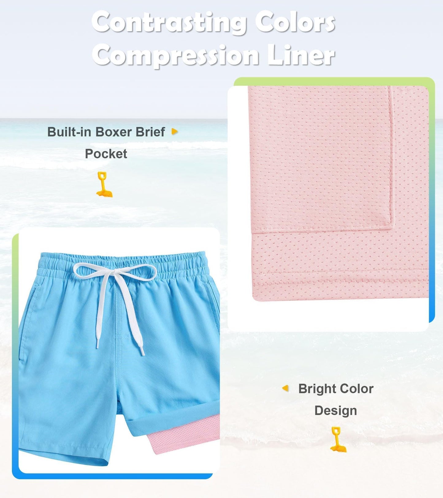 Cozople Youth Boys Swim Trunks Size 8 Baby Blue Bathing Suit with Compression Liner Anti-Chafe Swim Shorts Quick Dry Swimwear