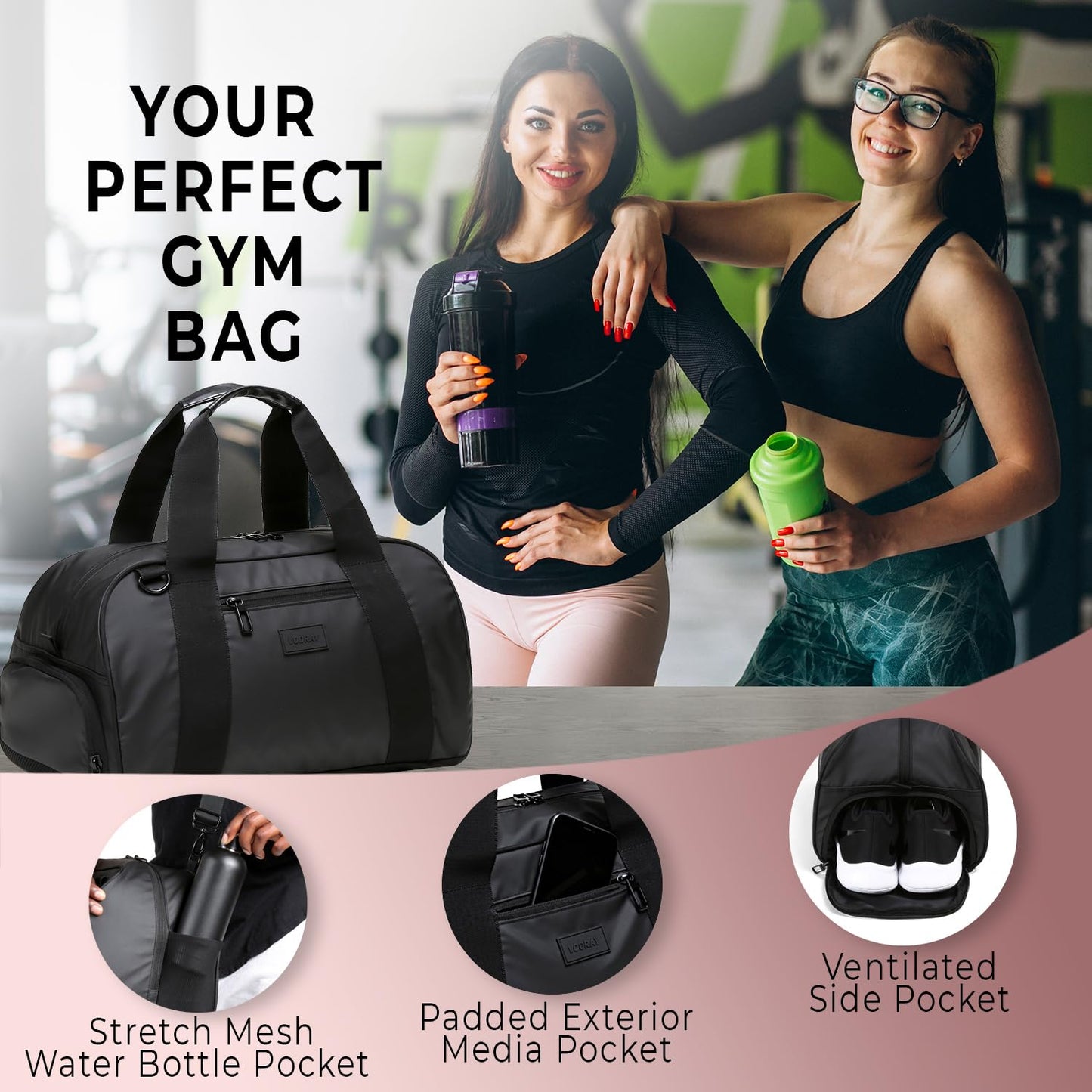 Vooray Burner Gym Duffel Bag – 23L Small Gym Bag for Women and Men with Shoe Compartment and Water Bottle Pocket, Lightweight Travel Duffle for Training, Sports, Overnight Use (Matte Black)
