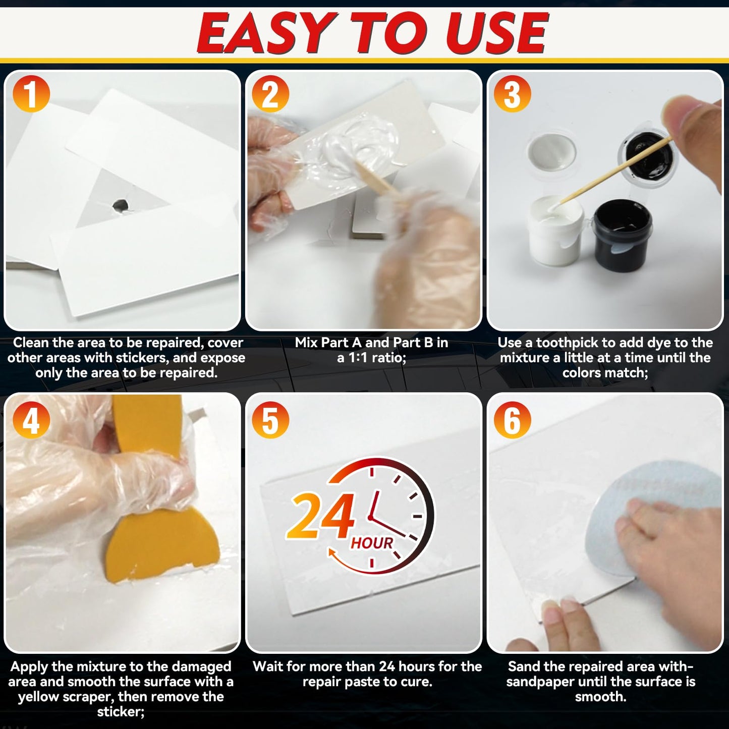Yeardera Marine Fiberglass Repair Kit, Boat Gel Coat Repair Kit, Waterproof Fiberglass Repair Kit for Boats & Kayaks, Fiberglass Kit Fix Holes, Chips, Deep Cracks, Scratches(Color Match)