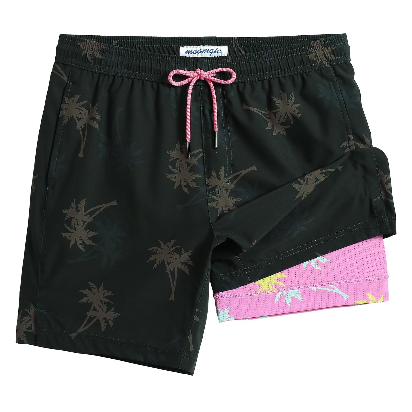 maamgic Mens Swim Trunks with Compression Liner 7 Inch Inseam Mens Bathing Suit Quick Dry Swimming Trunks Swimsuit Palmtree Black Pink Medium