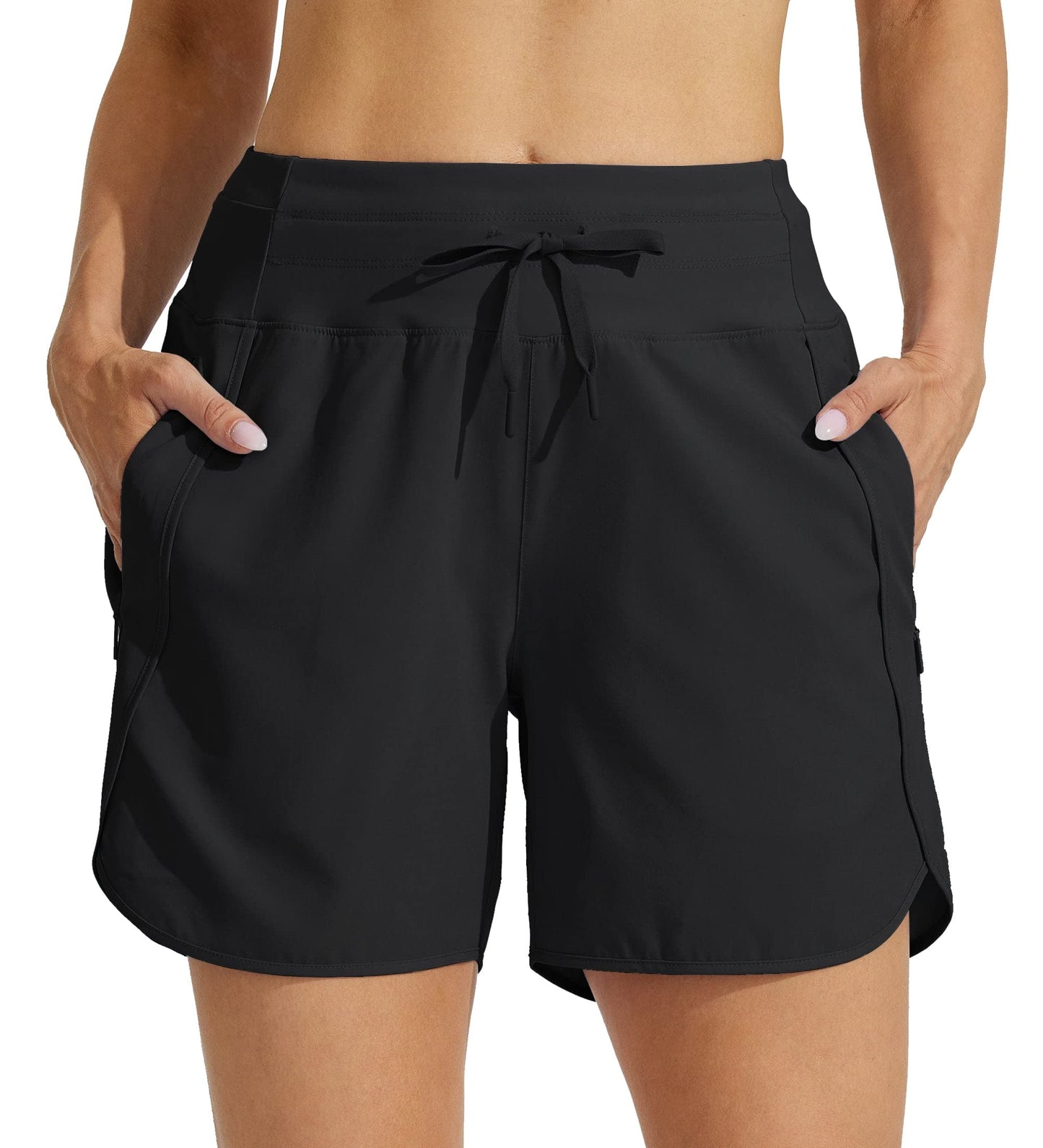 Willit Women's Athletic Running Shorts 5" Quick Dry Workout Hiking High Waisted Active Gym Exercise Zipper Pocket Black L