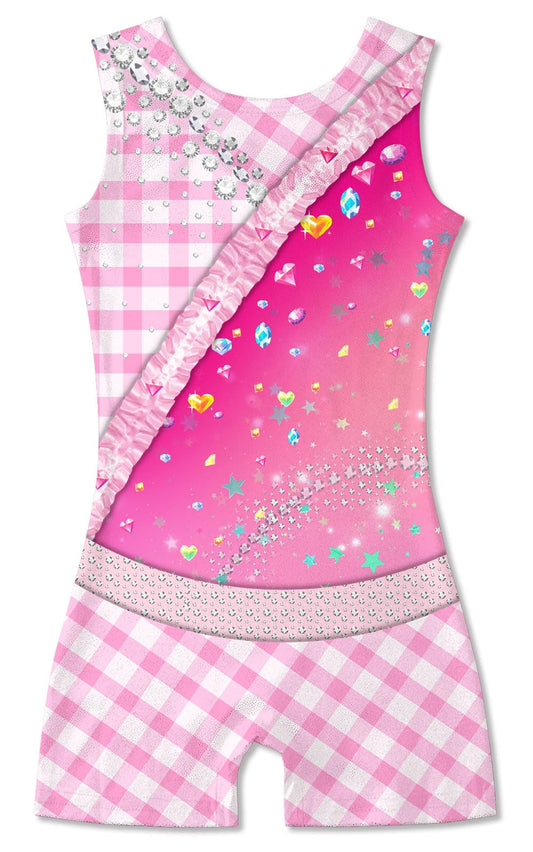 Funnycokid Gymnastics Leotards for Girls Dance Sparkly Unitard with Shorts, Pink checkered diamonds, 7-8 Years