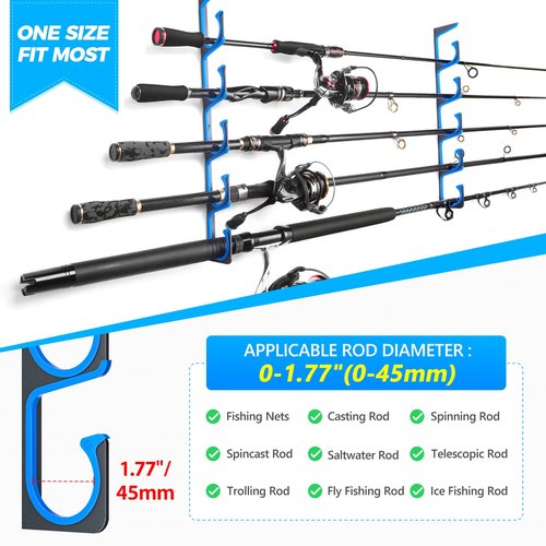 PLUSINNO H5 Horizontal Fishing Rod/Pole Holders for Garage, Wall or Ceiling Mounted Fishing Rod Rack, Aviation Aluminum Fishing Pole Holder Holds up to 10 Rod or Combos or Nets Storage Racks