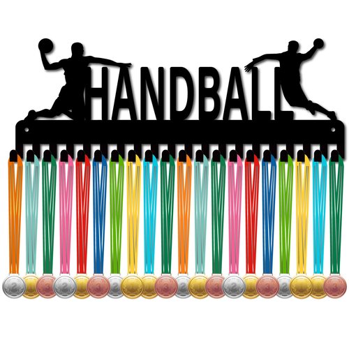 CREATCABIN Handball Medal Hanger Sports Medal Holder Display Award Lanyard Ribbons Organizer with Hooks Metal Black Rack Mounted for Wall Hanging 20+ Medals Sport Race Gifts Soccer Players Athletes