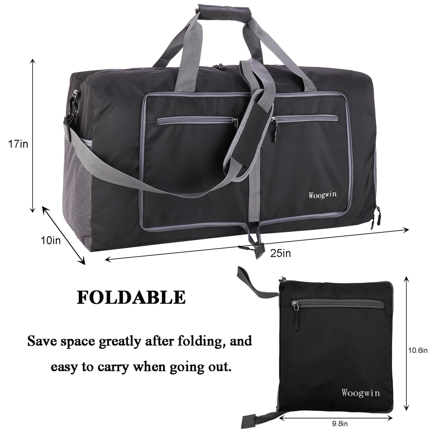 Woogwin Travel Duffel Bag Large Foldable Waterproof Overnight Bag for Beach Swim Bags Pool Sports Gym (60L SnowBlack)