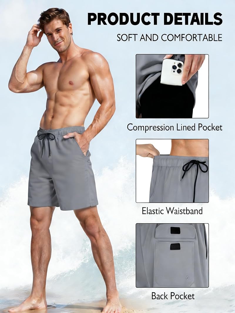 Men's Swim Trunks with Pockets, Quick Dry 7" Inseam Bathing Shorts – Gray
