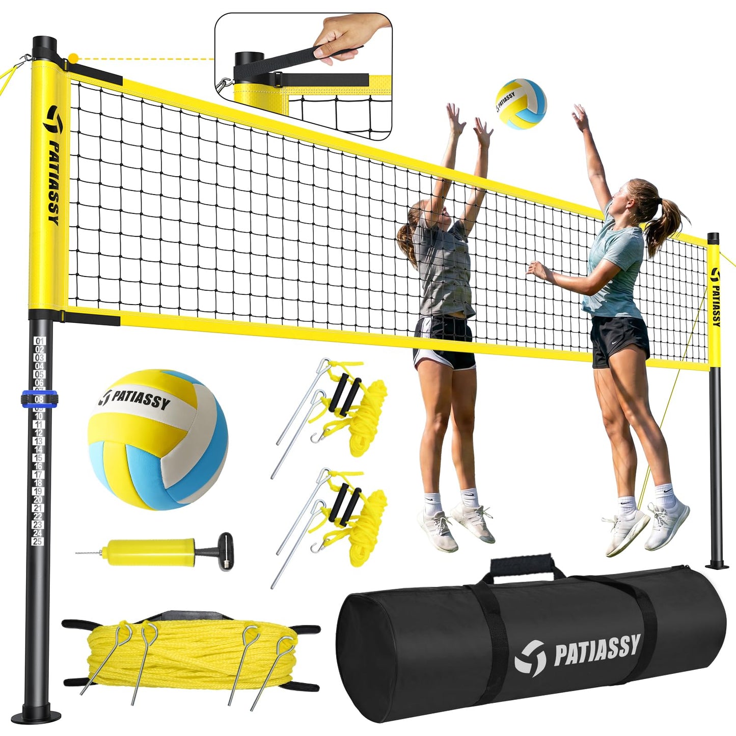 Outdoor Volleyball Net System, 32FT Regulation Size Anti-Sag Net, Quick Setup Adjustable Height Poles, Volleyball Set with Pump, Boundary Line and Carry Bag for Backyard Beach Lawn