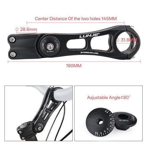 LUNJE Adjustable MTB Stem 31.8mm 80 Degree, 6061-T6 Forged CNC Aluminum, Sandblasted Matte Finish, Gear-Lock Anti-Flip Design, Laser Engraved, Fits Mountain/Road/BMX Bikes (31.8x145)