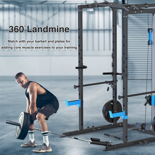 ULTRA FUEGO Power Cage, Multi-Functional Power Rack with J-Hooks, Dip Handles, Landmine Attachment and Optional Cable Pulley System for Home Gym (Power Cage with Pulley System)