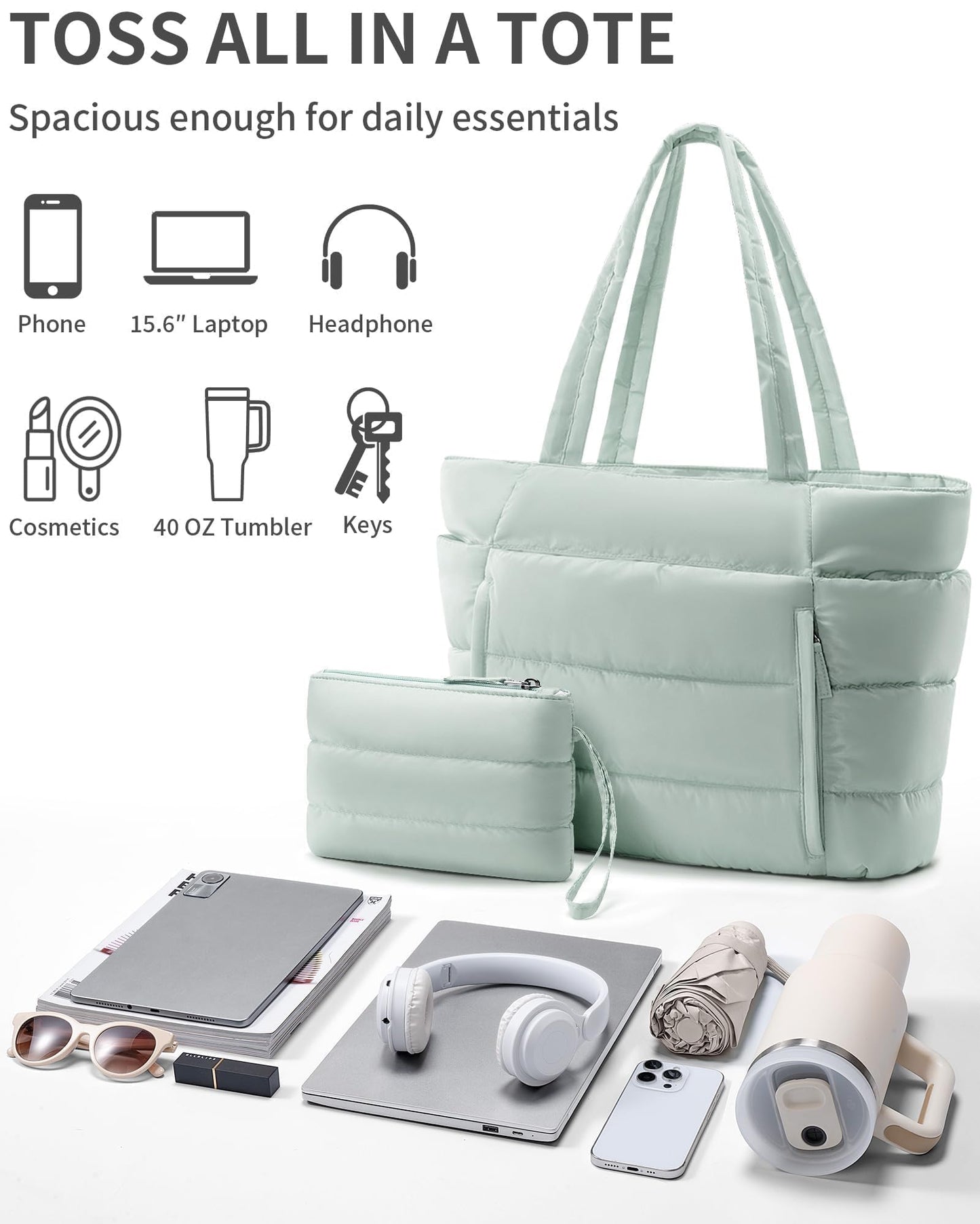 Bagstellar Puffer Tote Bag for Women, Lightweight Puffy Work Handbag Teacher Nurse Quilted Shoulder Bag for School Travel Gym