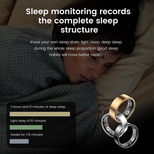 Aichiken Smart Health Ring for Women Men Fitness Tracker with Heart Rate, Blood Oxygen,Sleep Monitoring, Step Counting, IP68 Waterproof for iPhone and Android, No Subscription Fee (Gold, 7)