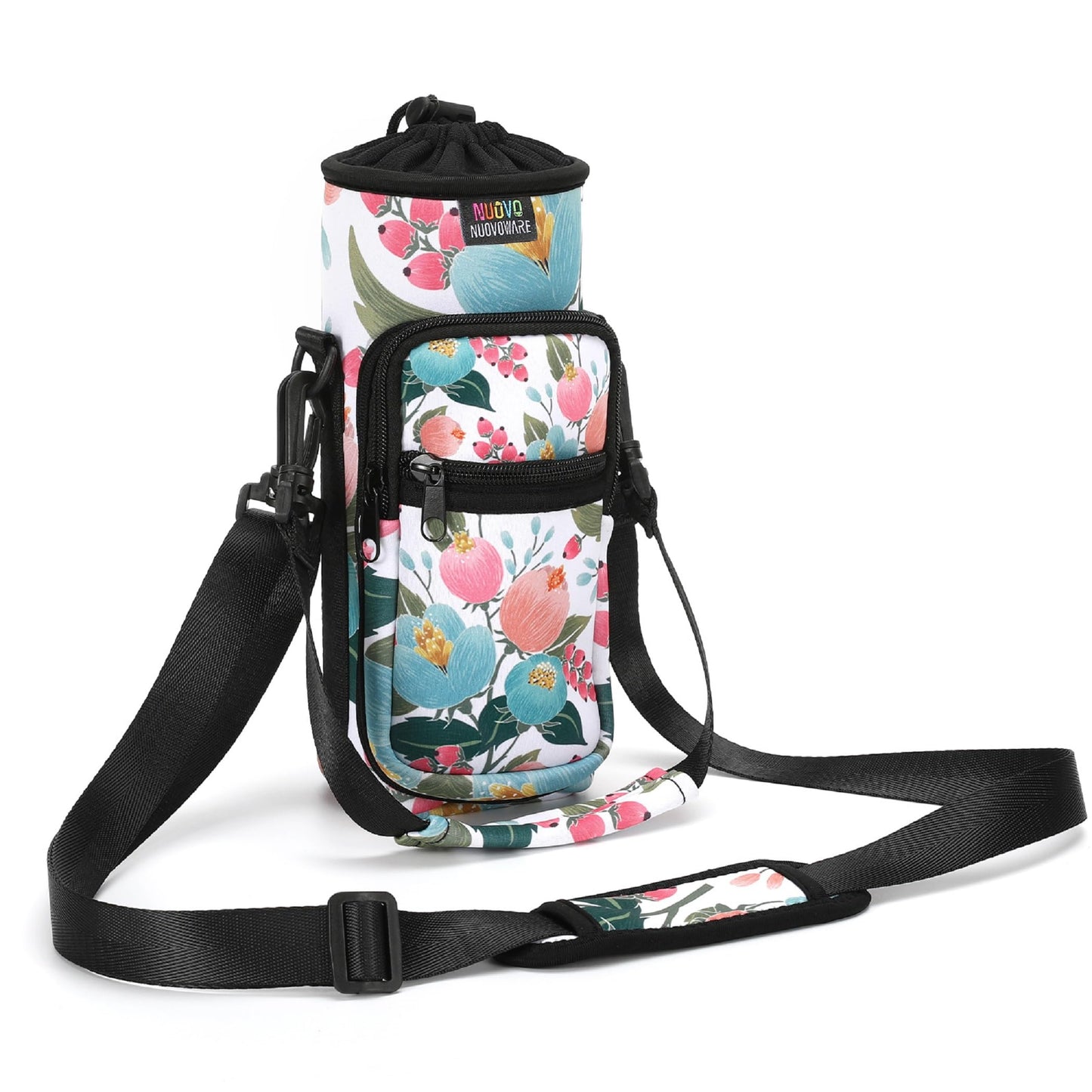 Nuovoware Water Bottle Carrier Bag, 64oz Bottle Pouch Holder, Adjustable Shoulder Hand Strap 2 Pocket Sling Neoprene Sleeve Sports Water Bottle Accessories for Gym Hiking Travelling, Pink Rose