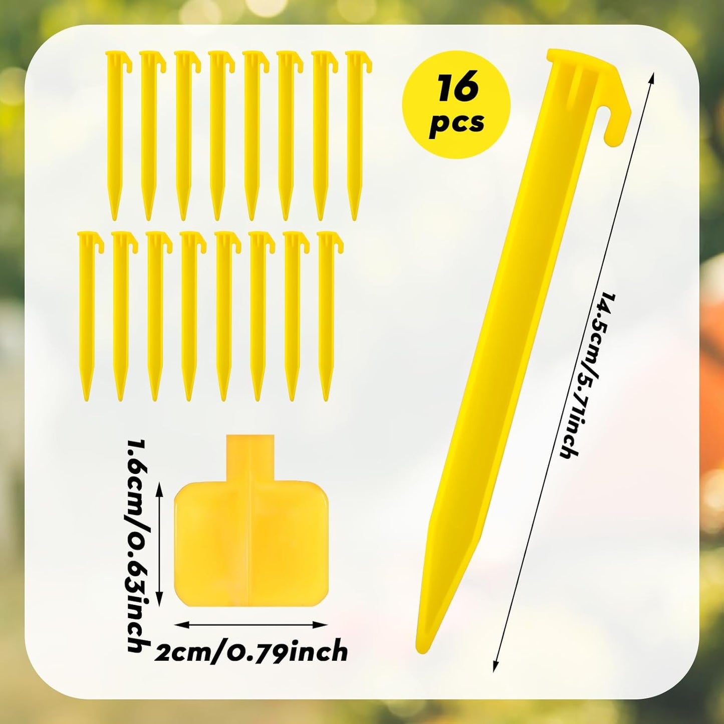 16 PCS Plastic Tent Stakes,5.7 Inch Pegs Serrated Edges Heavy Duty Canopy Anchoring Pegs for Outdoor Lawn Beach Garden Decoration and Fixation(Yellow)
