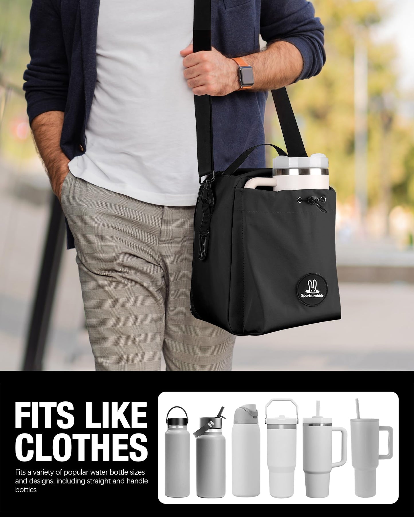 Sports Rabbit Insulated Lunch Bag for Men & Women – Lunch Bag with Water Bottle Holder, Compatible with Owala & 40/30oz Stanley Cups, Adjustable Crossbody Strap – Ideal for Work Travel Picnics (Black)