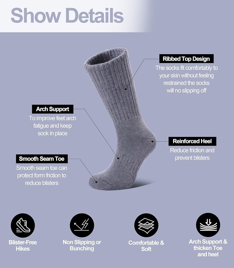 DYW Merino Wool Hiking Socks 5 Pairs - Thermal Warm Crew Socks, Cushion, Medium & Large (Solid Colors)
