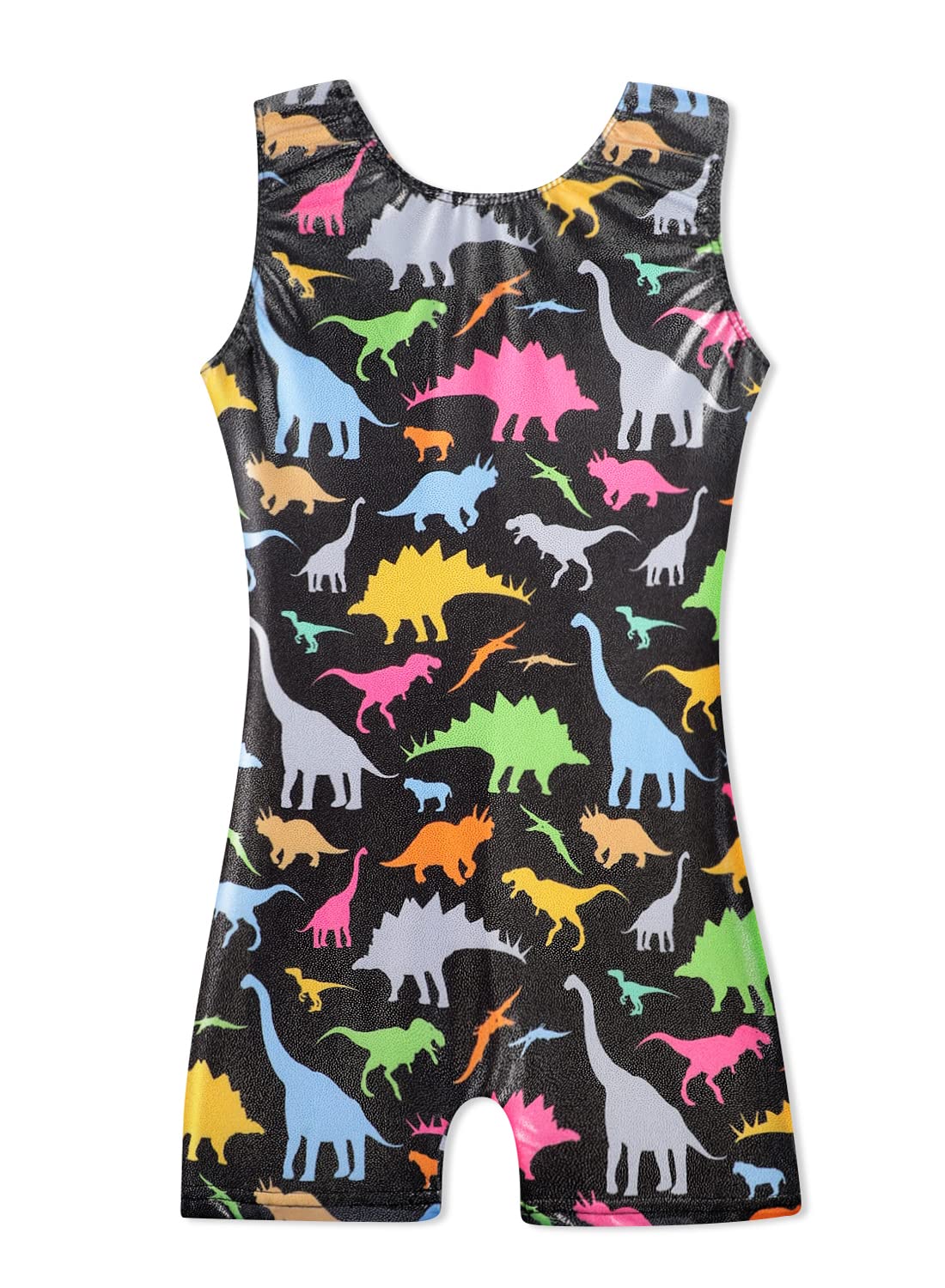 HOZIY Black Dinosaur Leotard with Shorts (5/6 Years) for Girls, Gymnastics, Dancewear, Sparkle, Stretchy, Wash