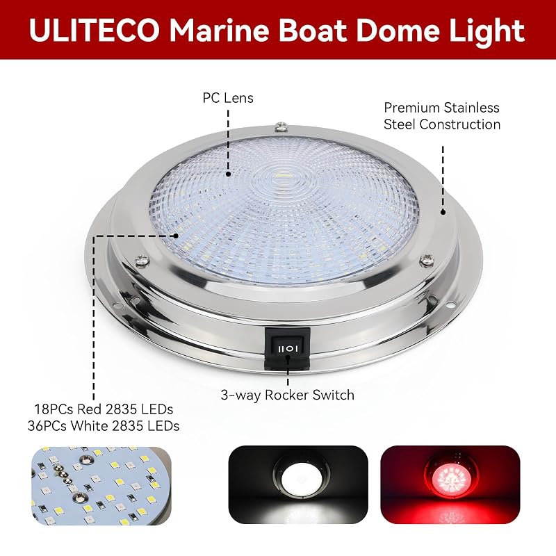5.5 Inch 12V Dual-Color LED Boat Dome Light with Toggle Switch - White & Red
