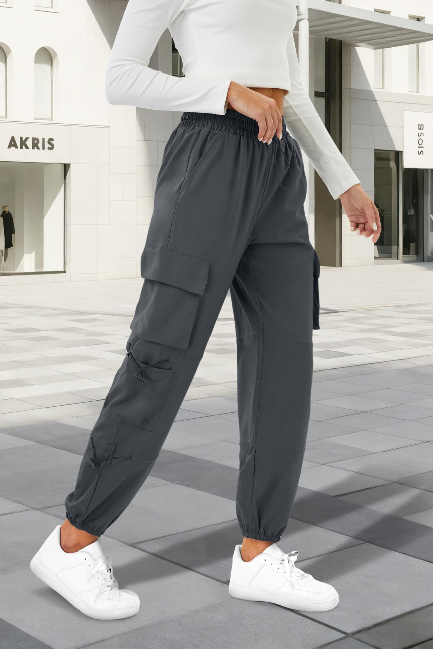 COPYLEAF Womens Parachute Cargo Pants with Pockets Quick Dry Hiking Pants Lightweight Water-Resistant Baggy Joggers(Grey M)
