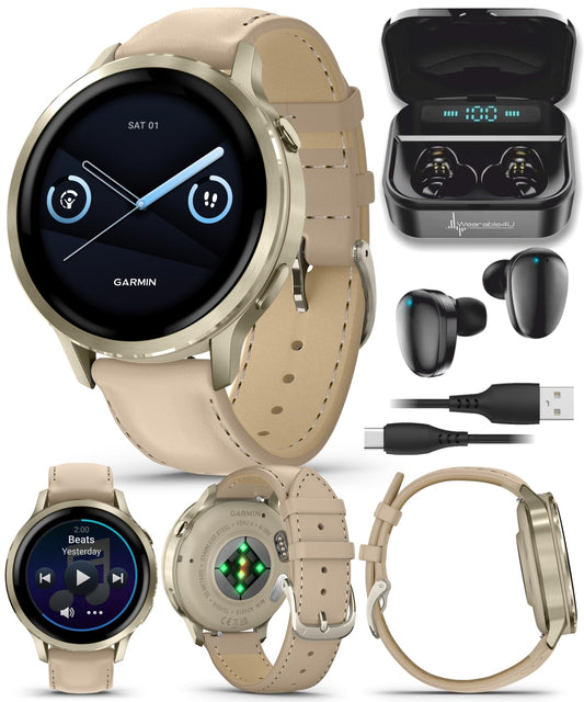 Garmin Venu 4 41mm AMOLED Advanced Health & Fitness GPS Smartwatch, Bright & Colorful Display, Built-in Flashlight, Up to 10 Days, Lunar Gold w/Bone Silicone Band w/Wearable4U Black Earbuds Bundle