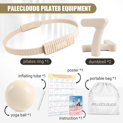 Paleclouds Pilates Ring Set, Pilates Essential Kit with Pilates Ring and Ball, 2.2lb *2 Ergonomic 7-Shaped Dumbbells, Portable Bag & Training Poster, at Home Workouts Pilates Sets for Women (Beige)