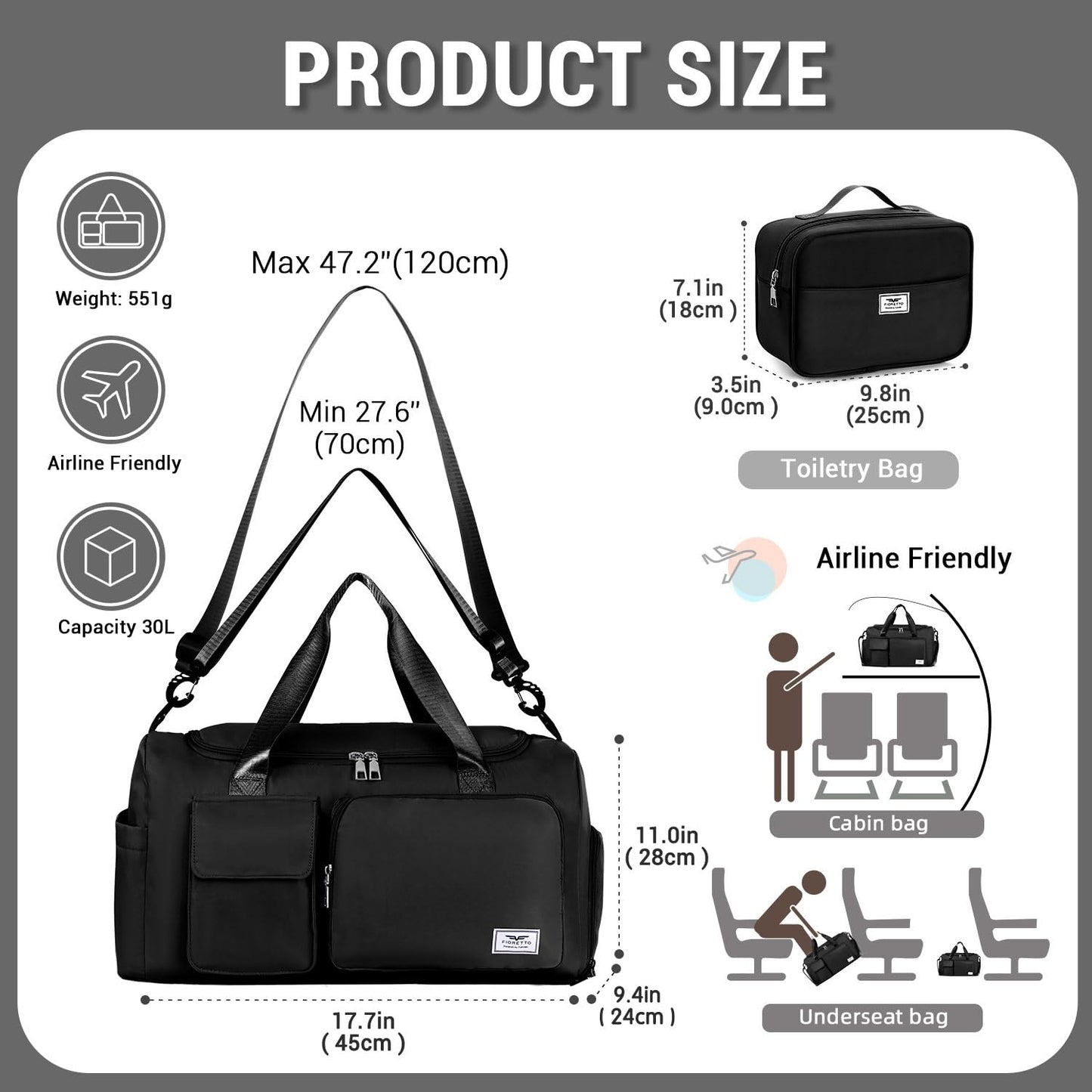 FIORETTO Women's Gym Duffle Bag with Shoes Compartment, 30L Capacity, Ideal for Travel, Gym, Sports, Duffel, Weekender, with Toiletry Bag, Black