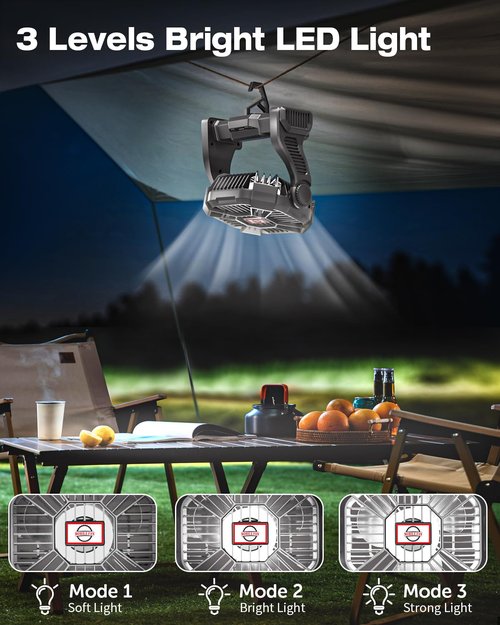AEscod Portable Camping Fan, Rechargeable Battery Operated with LED Lights, Hanging Hook, 270°Rotation, 20000mAh Battery Powered Fan for Beach, Office, Picnic, Fishing, Travel, Tent